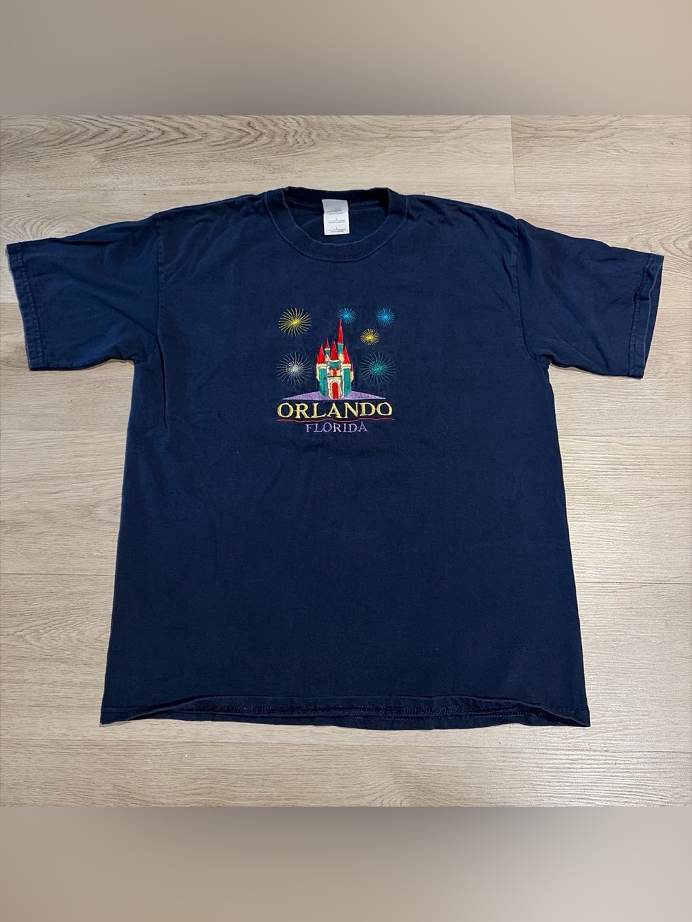 Gildan Navy Orlando Castle Tee with Multicolor Fireworks